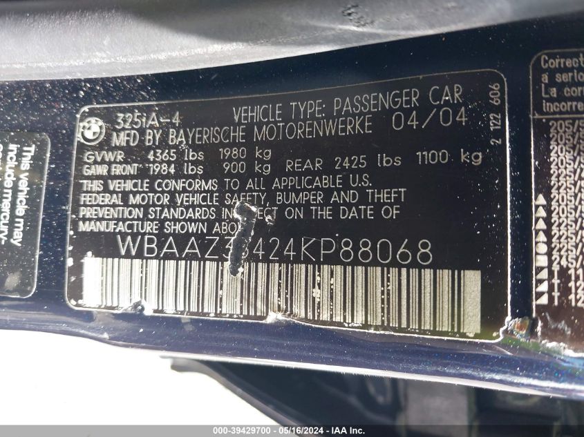 2004 BMW 325I VIN: WBAAZ33424KP88068 Lot: 39429700
