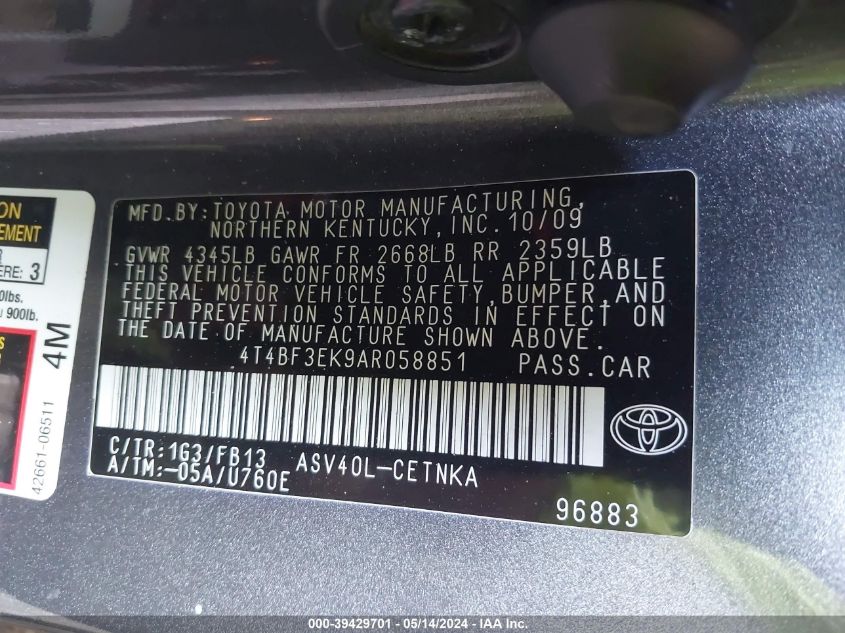 2010 Toyota Camry Le VIN: 4T4BF3EK9AR058851 Lot: 39429701