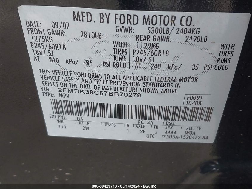 2007 Ford Edge Sel VIN: 2FMDK38C67BB70279 Lot: 39429718