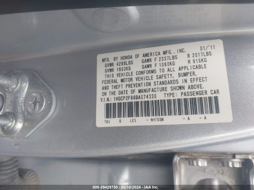 2011 Honda Accord 2.4 Se VIN: 1HGCP2F66BA074330 Lot: 39429750