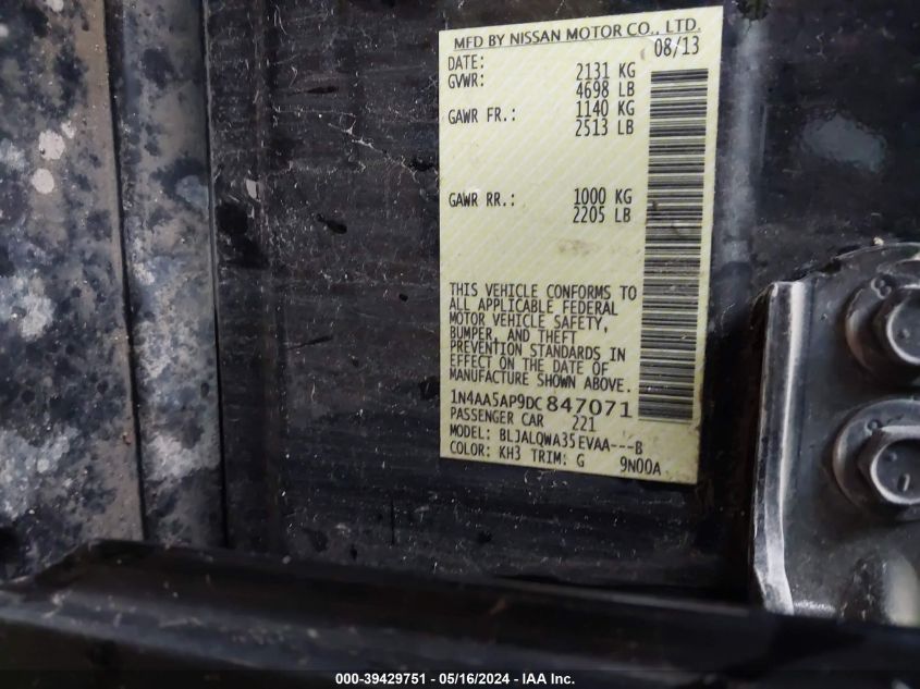 2013 Nissan Maxima S/Sv VIN: 1N4AA5AP9DC847071 Lot: 39429751