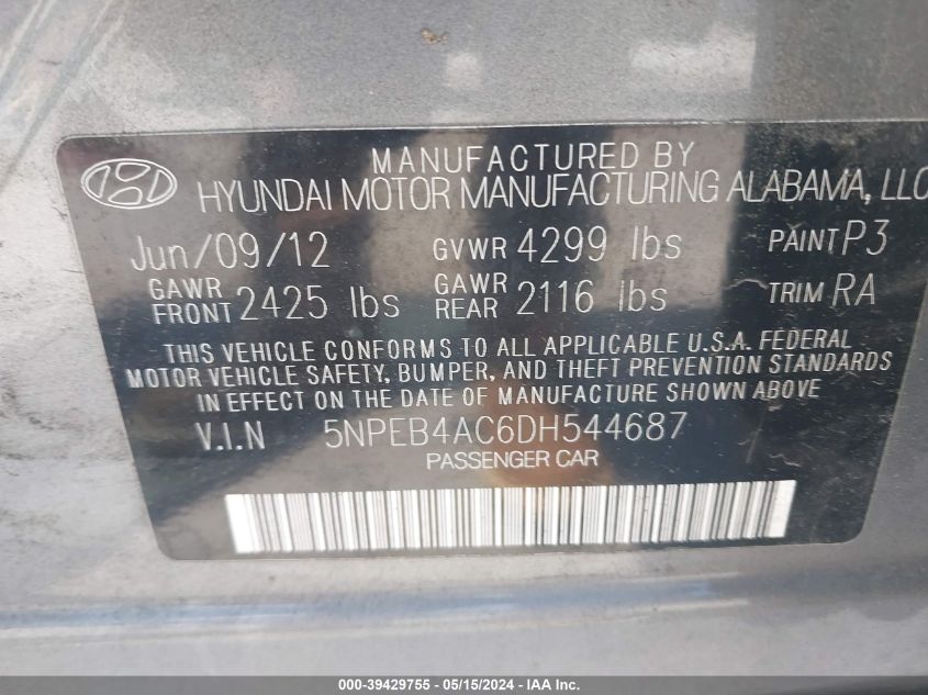 2013 Hyundai Sonata Gls VIN: 5NPEB4AC6DH544687 Lot: 39429755