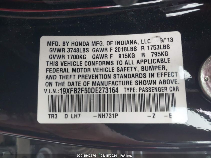 2013 Honda Civic Lx VIN: 19XFB2F50DE273164 Lot: 39429761