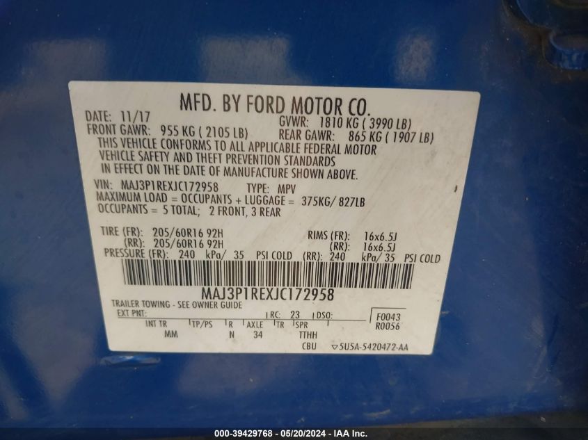 2018 Ford Ecosport S VIN: MAJ3P1REXJC172958 Lot: 39429768