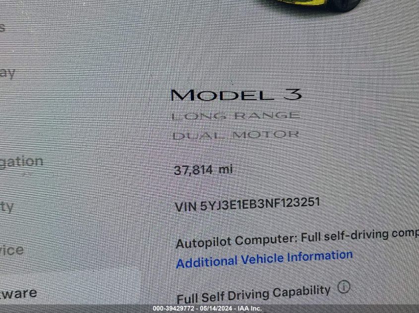 2022 Tesla Model 3 Long Range Dual Motor All-Wheel Drive VIN: 5YJ3E1EB3NF123251 Lot: 39429772