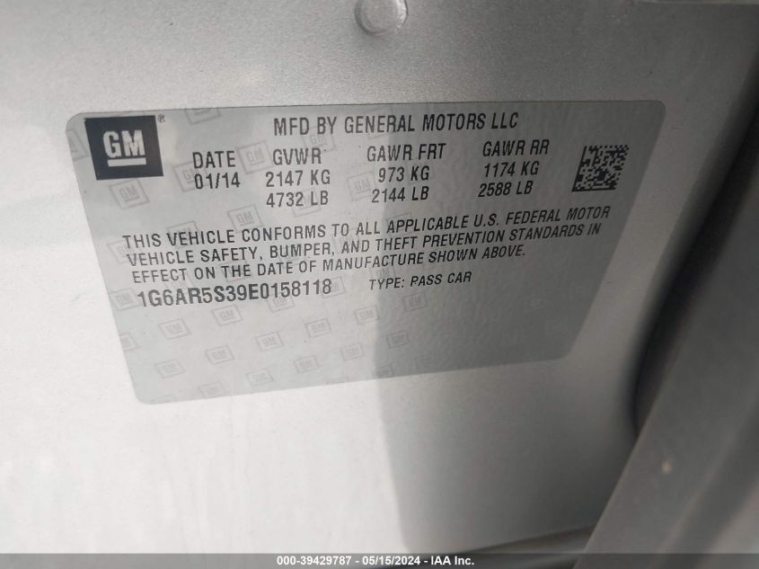 2014 Cadillac Cts Luxury VIN: 1G6AR5S39E0158118 Lot: 39429787