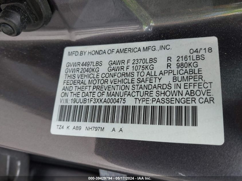 VIN 19UUB1F3XKA000475 2019 ACURA TLX STANDARD