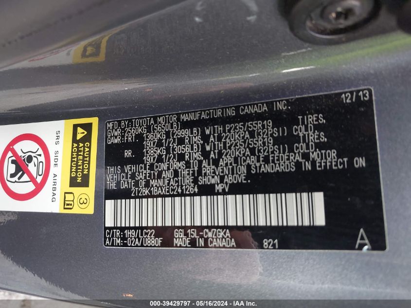 2014 Lexus Rx 350 F Sport VIN: 2T2BK1BAXEC241264 Lot: 39429797