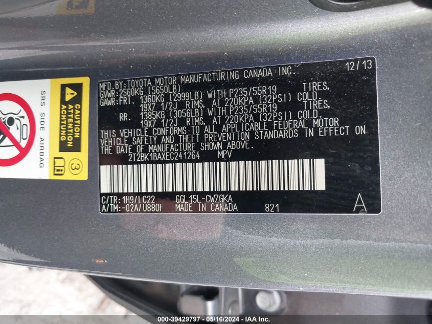 2014 Lexus Rx 350 F Sport VIN: 2T2BK1BAXEC241264 Lot: 39429797