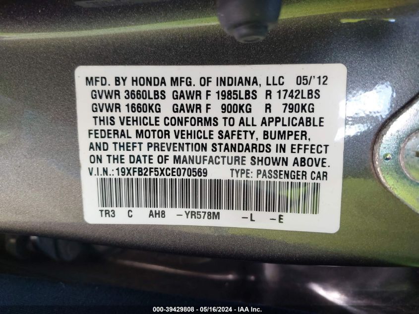 2012 Honda Civic Lx VIN: 19XFB2F5XCE070569 Lot: 39429808