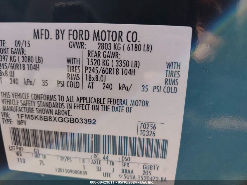 2016 Ford Explorer VIN: 1FM5K8B8XGGB03392 Lot: 39429811