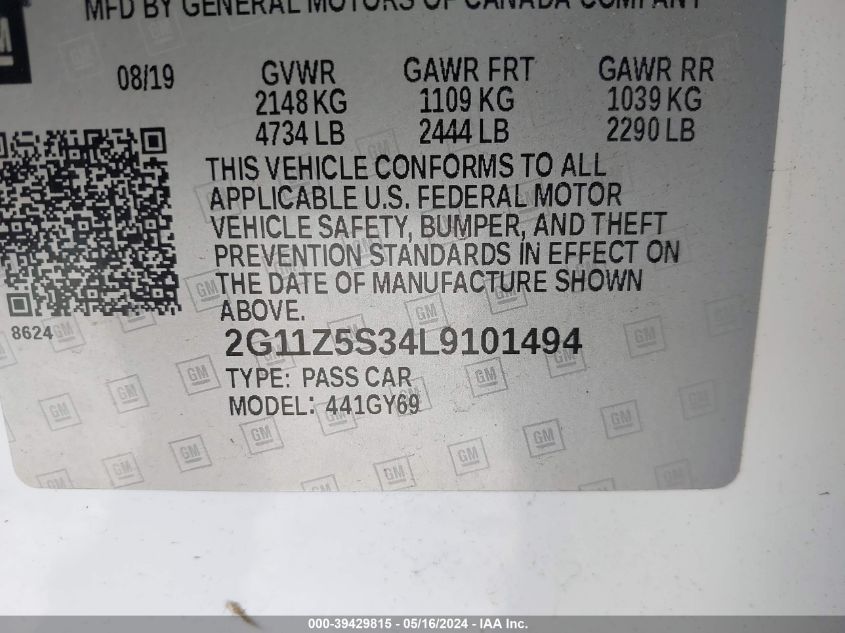 2020 Chevrolet Impala Fwd Lt VIN: 2G11Z5S34L9101494 Lot: 39429815