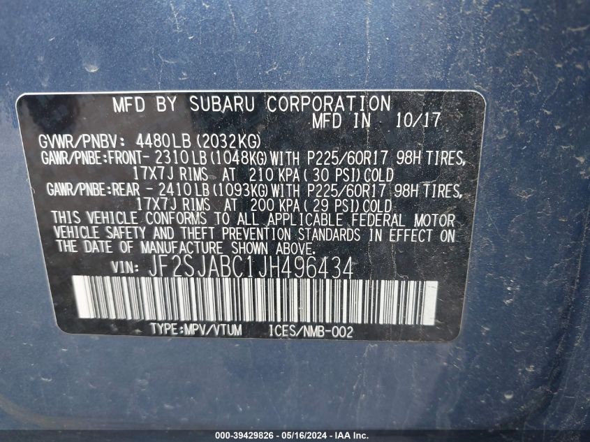 2018 Subaru Forester 2.5I VIN: JF2SJABC1JH496434 Lot: 39429826