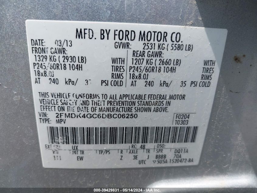 2013 Ford Edge Se VIN: 2FMDK4GC6DBC06250 Lot: 39429831