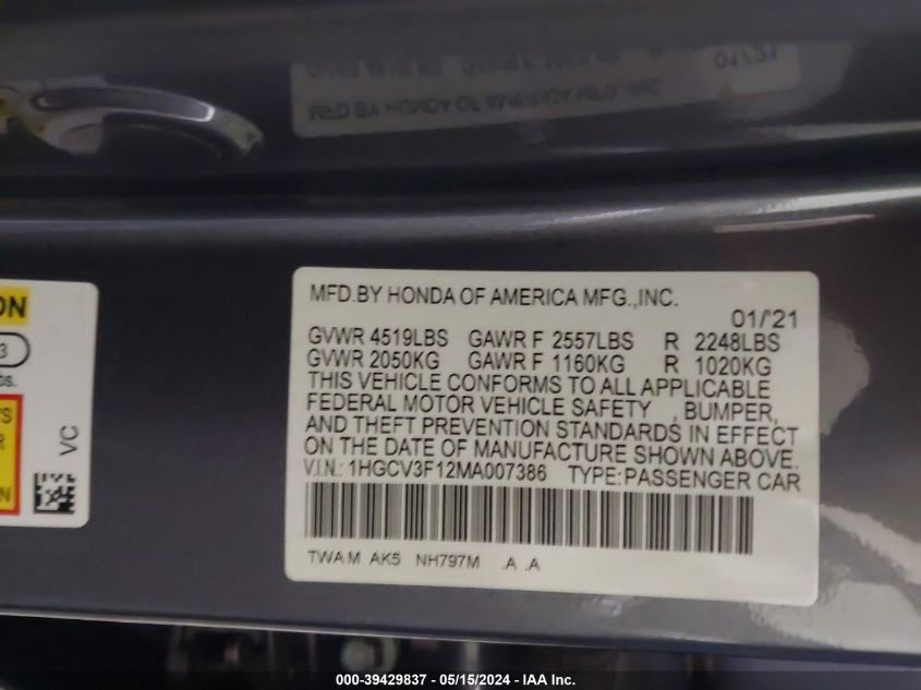 2021 Honda Accord Hybrid VIN: 1HGCV3F12MA007386 Lot: 39429837