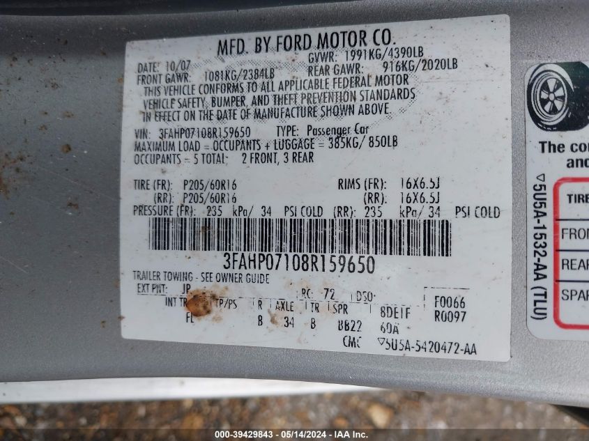 2008 Ford Fusion Se VIN: 3FAHP07108R159650 Lot: 39429843