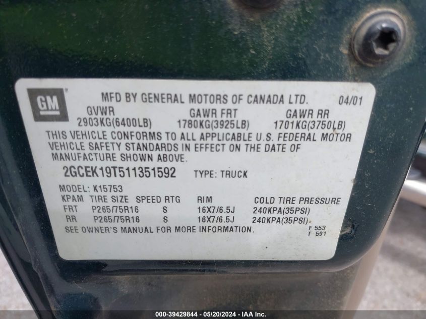 2001 Chevrolet Silverado 1500 Ls VIN: 2GCEK19T511351592 Lot: 39429844