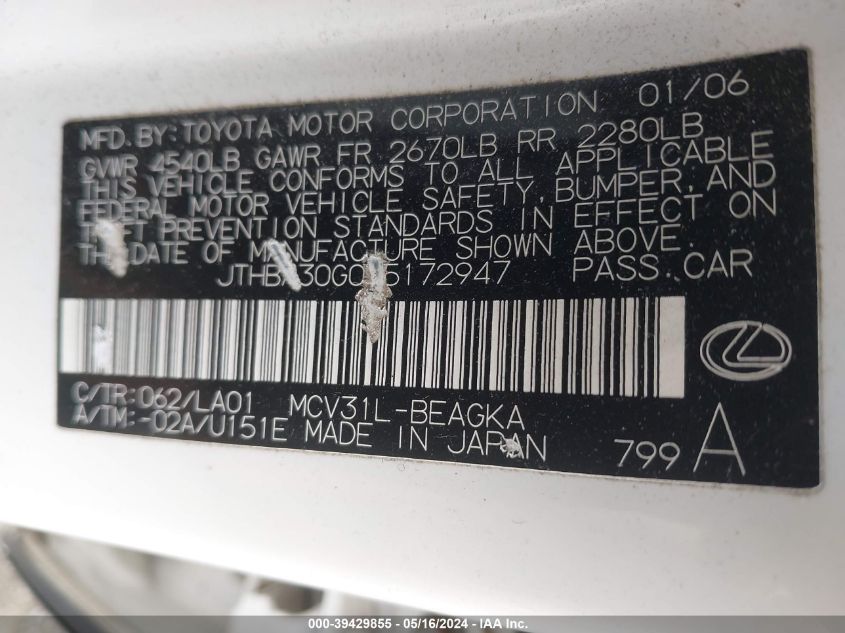 2006 Lexus Es 330 VIN: JTHBA30G065172947 Lot: 39429855