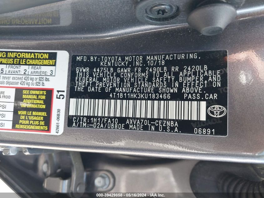 2019 Toyota Camry Le VIN: 4T1B11HK3KU183466 Lot: 39429858