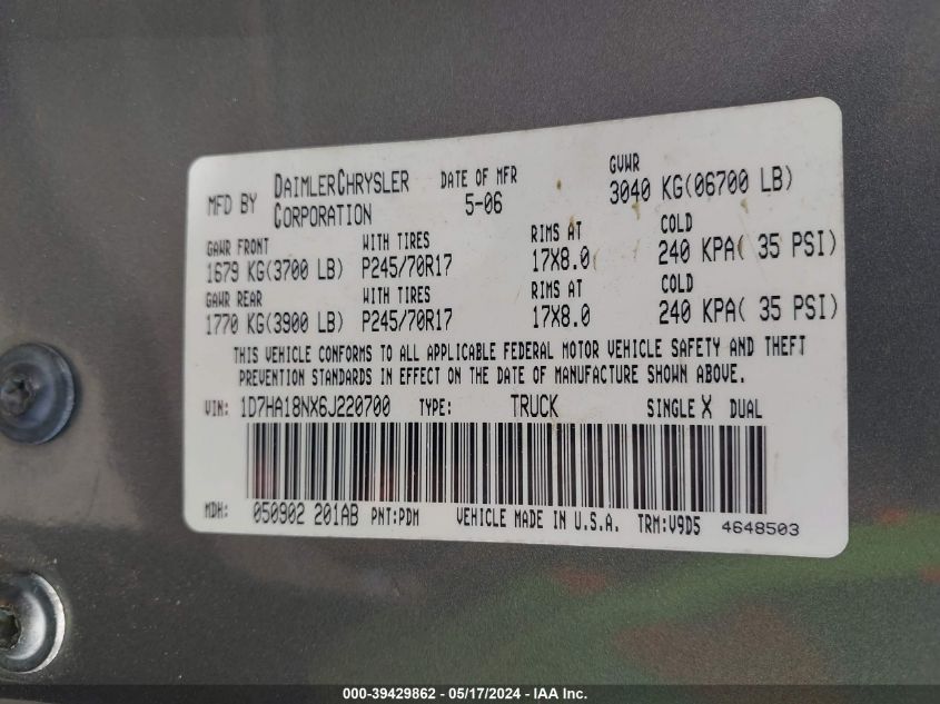 2006 Dodge Ram 1500 Slt VIN: 1D7HA18NX6J220700 Lot: 39429862