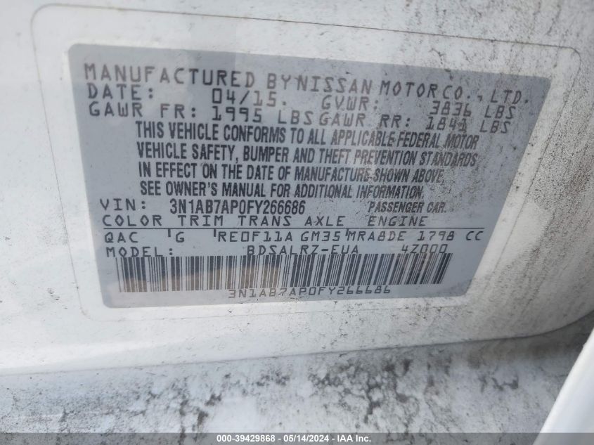 2015 Nissan Sentra Sr VIN: 3N1AB7AP0FY266686 Lot: 39429868