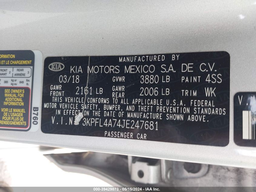 2018 Kia Forte Lx VIN: 3KPFL4A74JE247681 Lot: 39429873