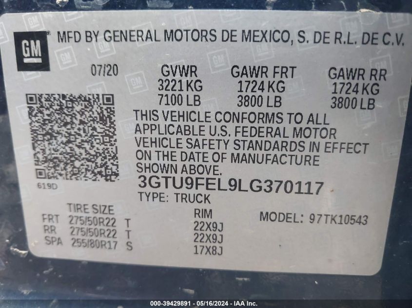 2020 GMC Sierra 1500 4Wd Short Box Denali VIN: 3GTU9FEL9LG370117 Lot: 39429891