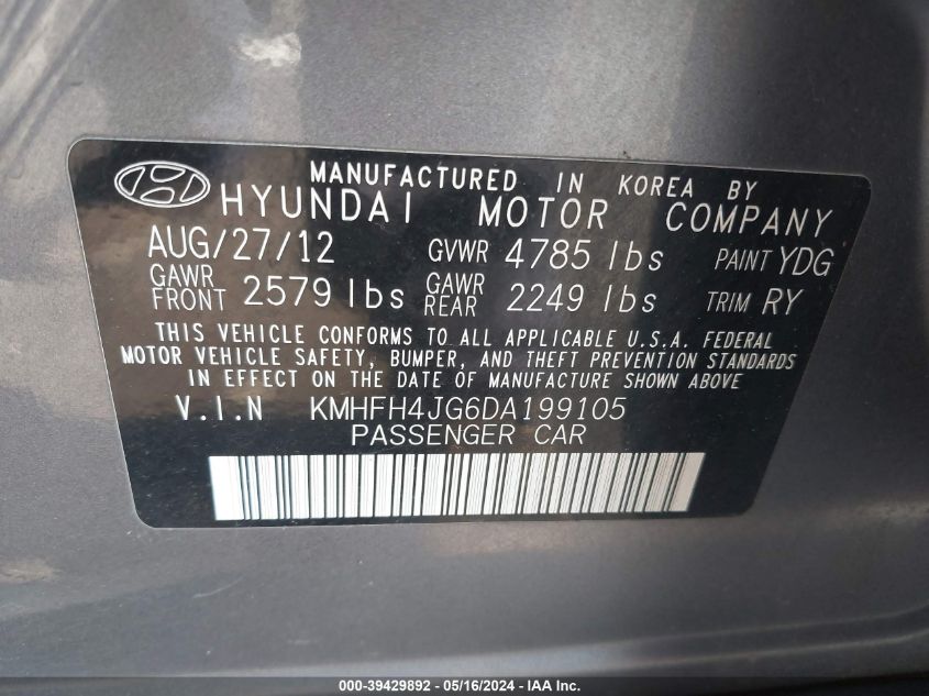 2013 Hyundai Azera VIN: KMHFH4JG6DA199105 Lot: 39429892