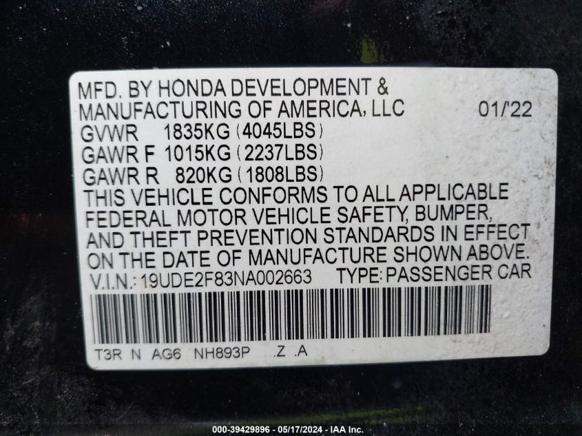 2022 Acura Ilx Premium A-Spec Packages/Technology A-Spec Packages VIN: 19UDE2F83NA002663 Lot: 39429896