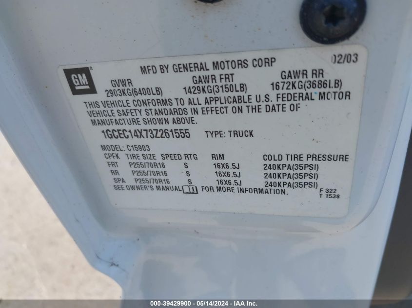 2003 Chevrolet Silverado 1500 Work Truck VIN: 1GCEC14X73Z261555 Lot: 39429900