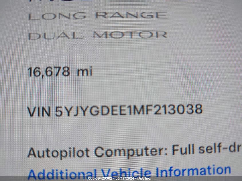 2021 Tesla Model Y Long Range Dual Motor All-Wheel Drive VIN: 5YJYGDEE1MF213038 Lot: 39429902