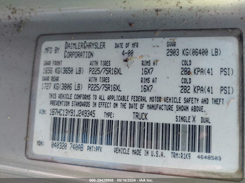 2001 Dodge Ram 1500 St VIN: 1B7HC13Y91J249345 Lot: 39429908