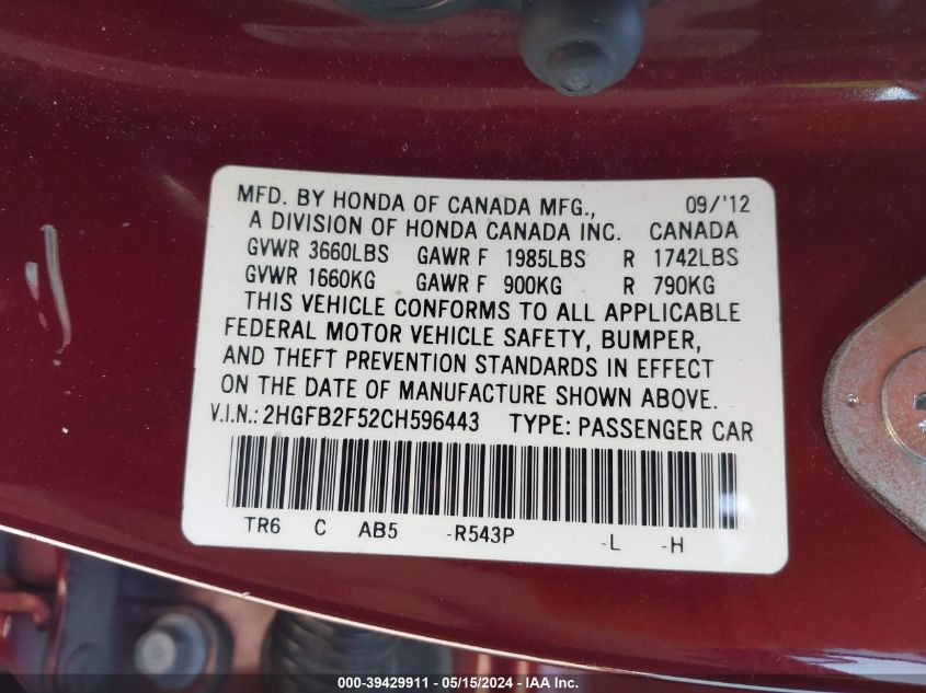 2012 Honda Civic Lx VIN: 2HGFB2F52CH596443 Lot: 39429911