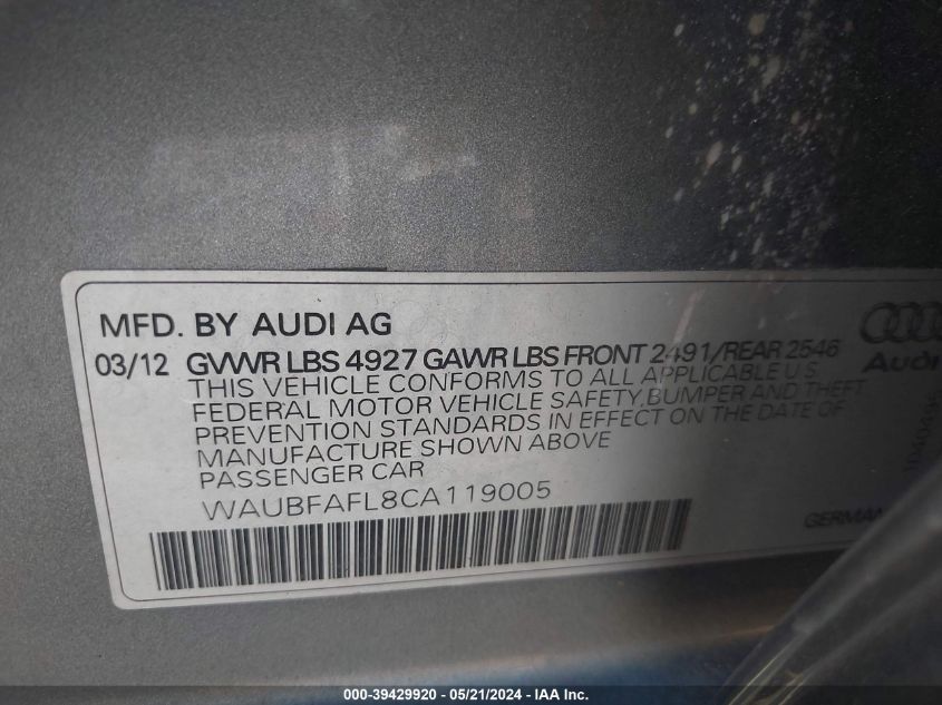 2012 Audi A4 2.0T Premium VIN: WAUBFAFL8CA119005 Lot: 39429920