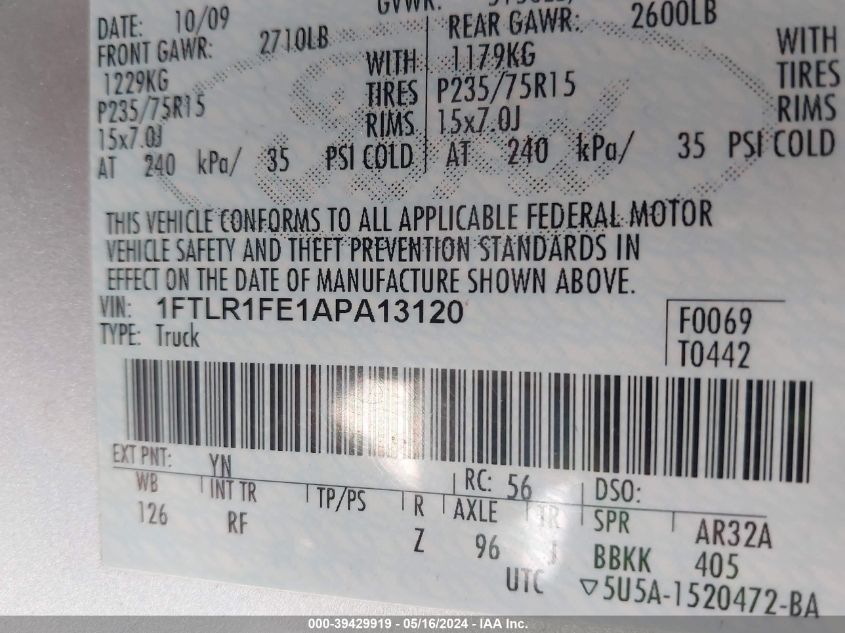 2010 Ford Ranger Xl VIN: 1FTLR1FE1APA13120 Lot: 39429919