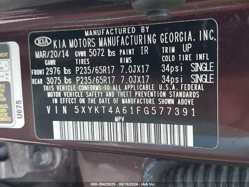 2015 Kia Sorento Lx VIN: 5XYKT4A61FG577391 Lot: 39429928