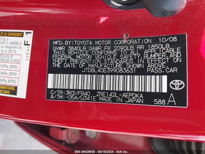 2009 Toyota Corolla Le VIN: JTDBL40E399083631 Lot: 39429930