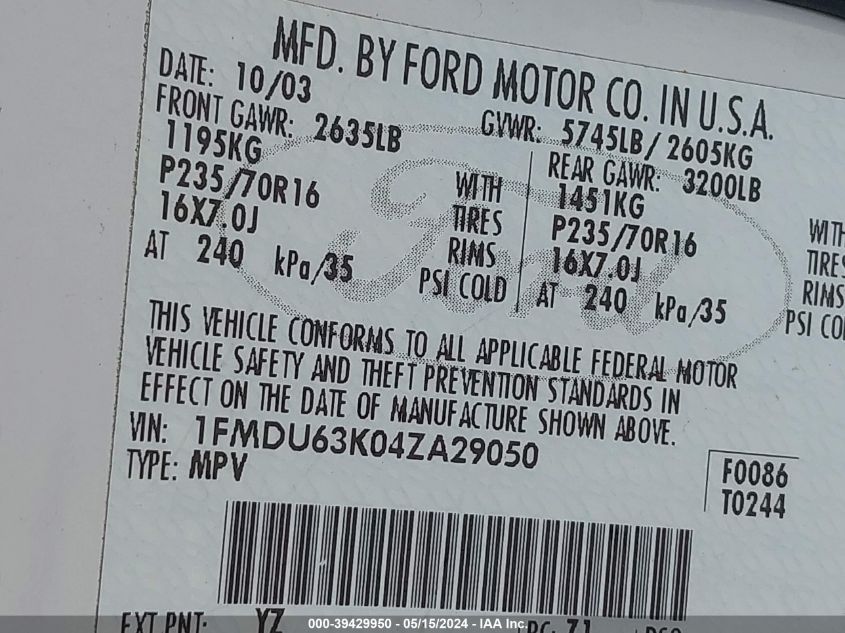 2004 Ford Explorer Xlt VIN: 1FMDU63K04ZA29050 Lot: 39429950