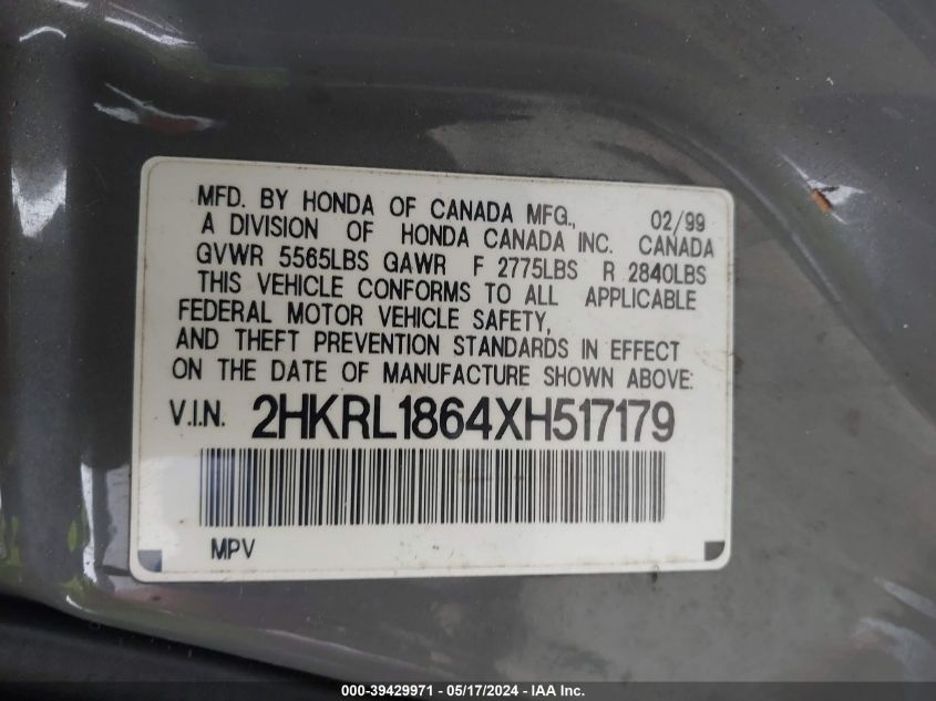 1999 Honda Odyssey Ex VIN: 2HKRL1864XH517179 Lot: 39429971