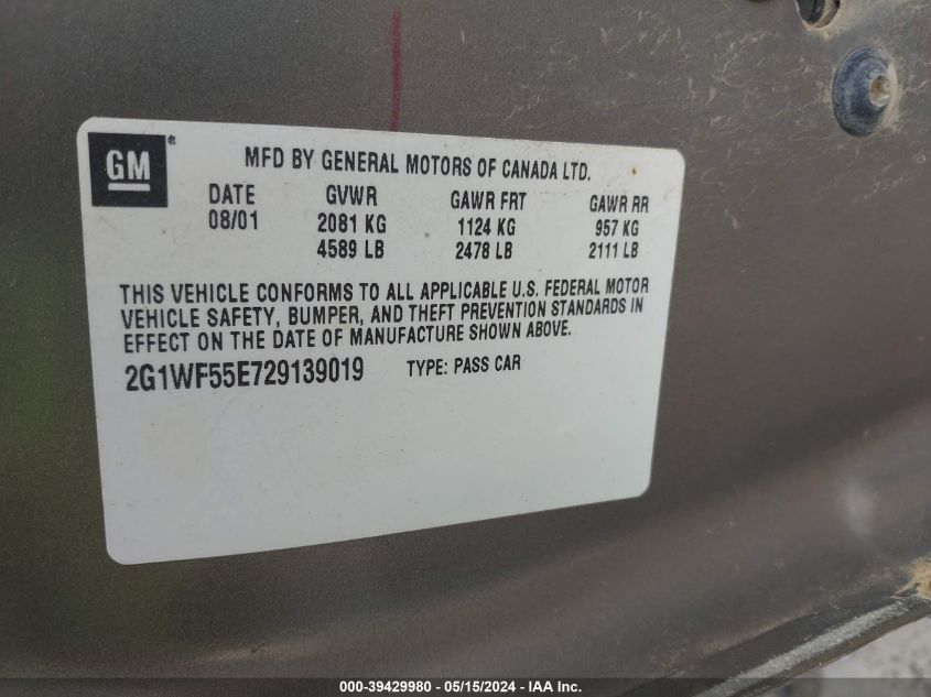 2002 Chevrolet Impala VIN: 2G1WF55E729139019 Lot: 39429980