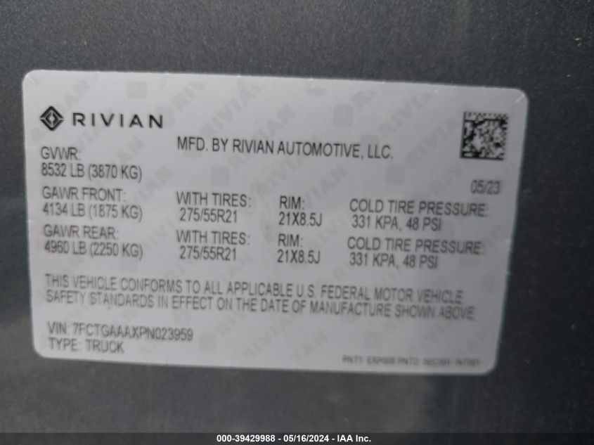 2023 Rivian R1T Adventure Quad Motor Large Pack VIN: 7FCTGAAAXPN023959 Lot: 39429988