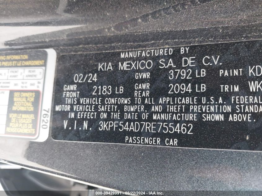 2024 Kia Forte Gt-Line VIN: 3KPF54AD7RE755462 Lot: 39429991