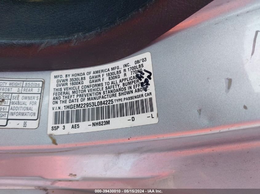 2003 Honda Civic Ex VIN: 1HGEM22953L084225 Lot: 39430010