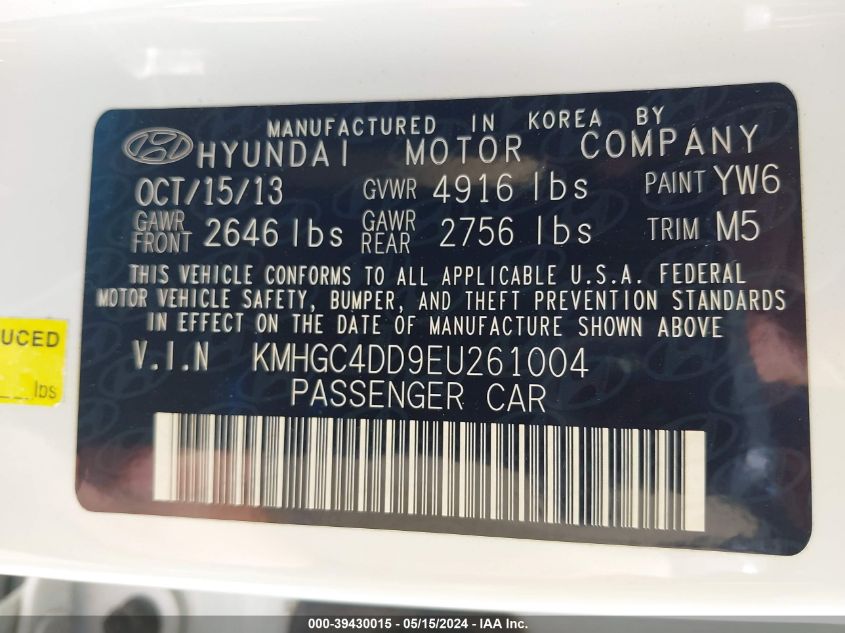 2014 Hyundai Genesis 3.8 VIN: KMHGC4DD9EU261004 Lot: 39430015