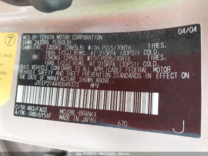 2004 Toyota Highlander V6 VIN: JTEEP21AX40049373 Lot: 39430017