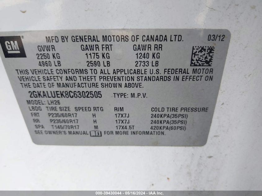 2012 GMC Terrain Slt-1 VIN: 2GKALUEK8C6302505 Lot: 39430044