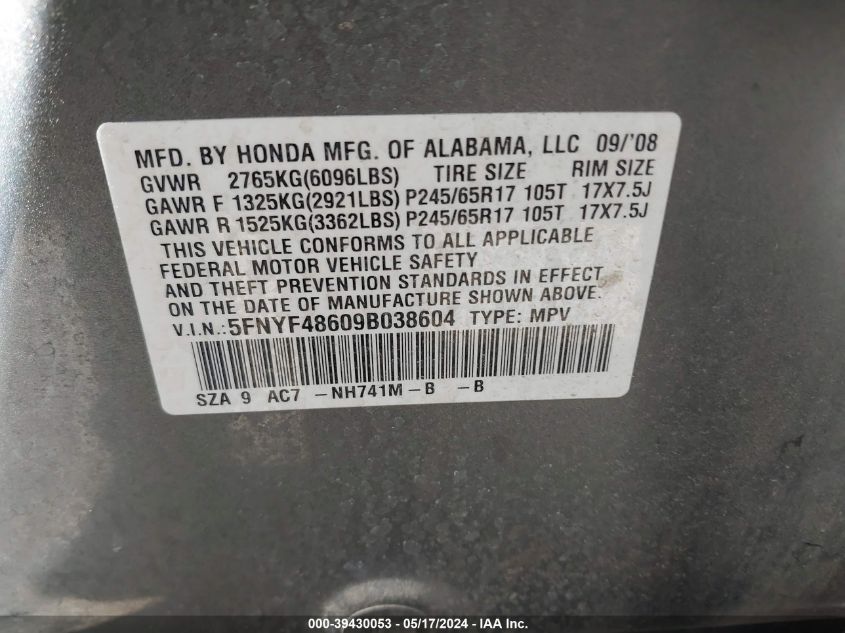 2009 Honda Pilot Ex-L VIN: 5FNYF48609B038604 Lot: 39430053