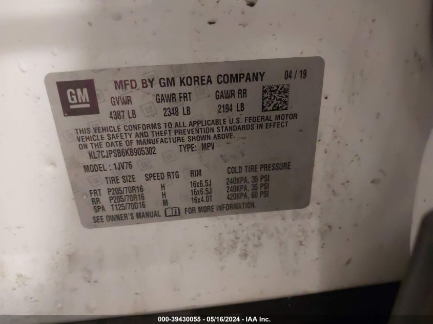 2019 CHEVROLET TRAX LT - KL7CJPSB6KB905302