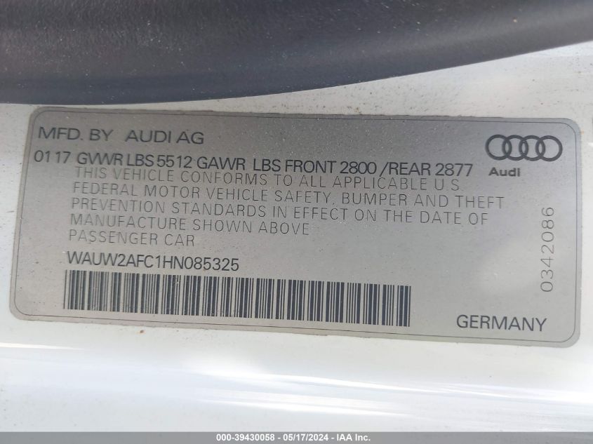 2017 Audi A7 Premium Plus VIN: WAUW2AFC1HN085325 Lot: 39430058