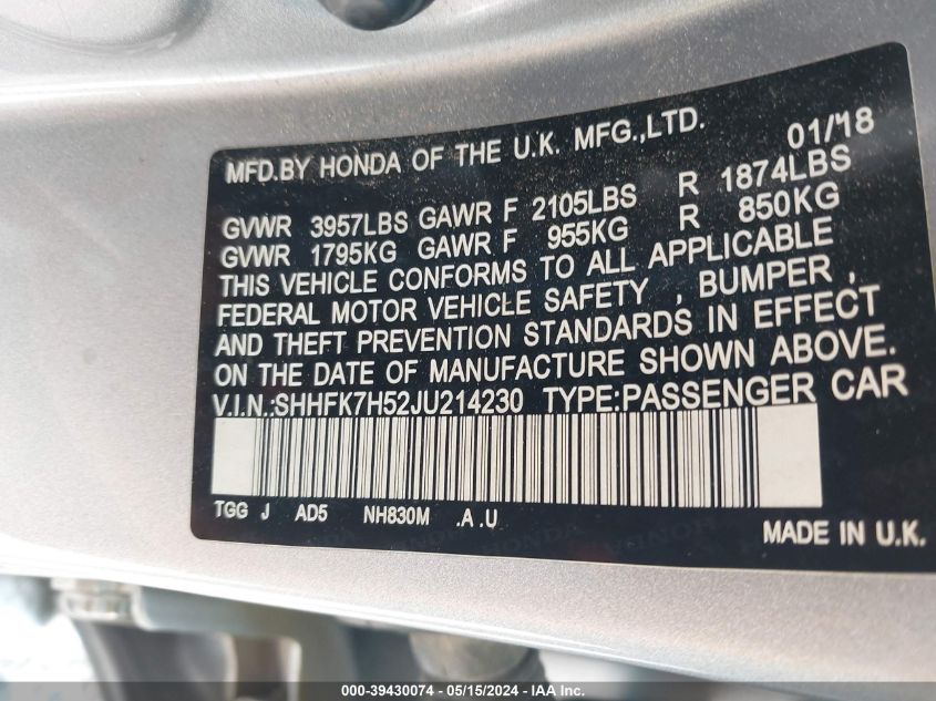 2018 Honda Civic Ex VIN: SHHFK7H52JU214230 Lot: 39430074